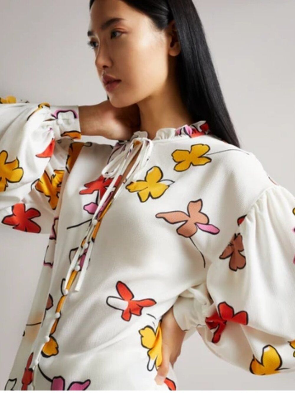 Ted Baker White Floral Tie-Neck Ruffle Blouse